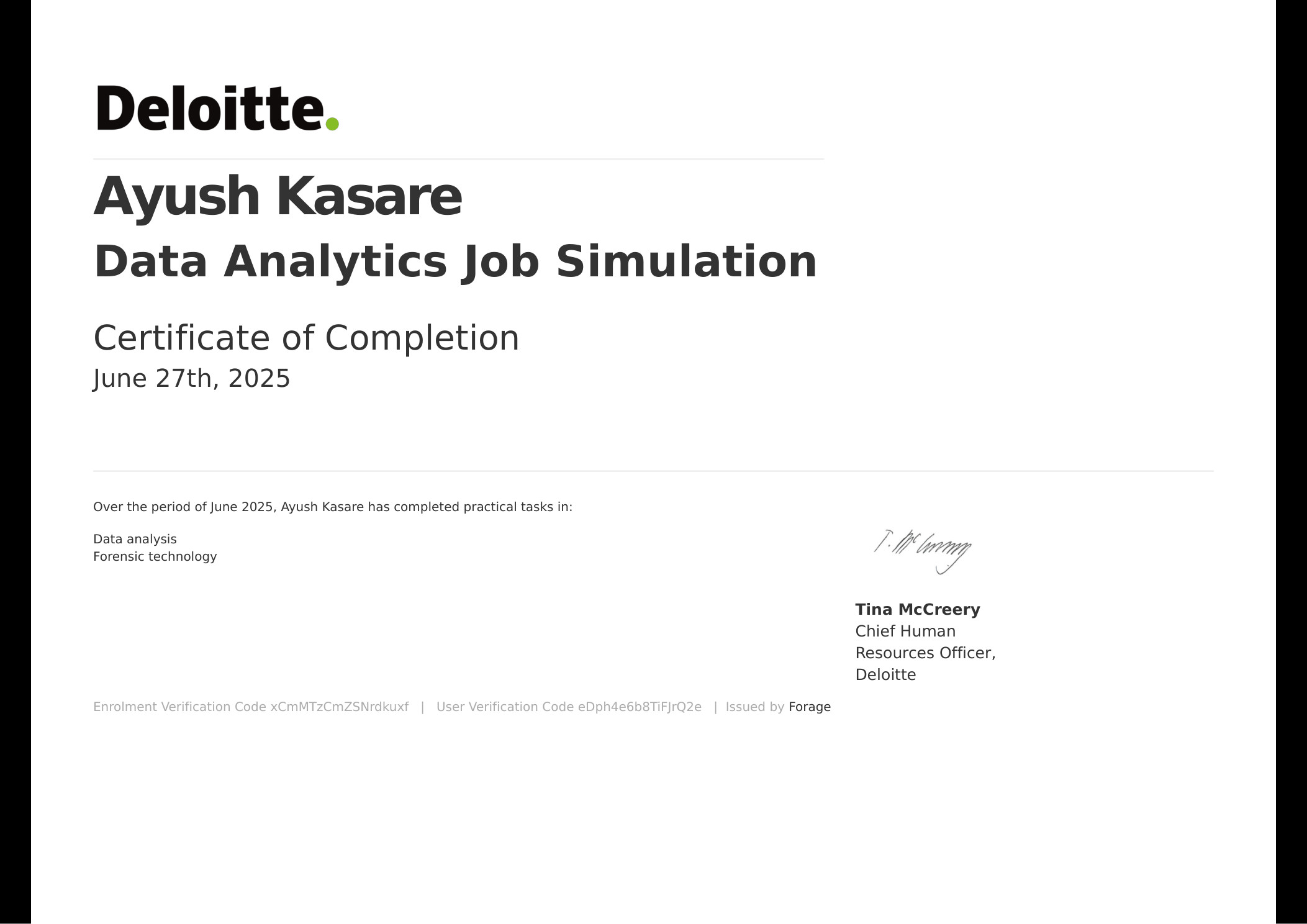Deloitte Data Analytics Job Simulation certificate