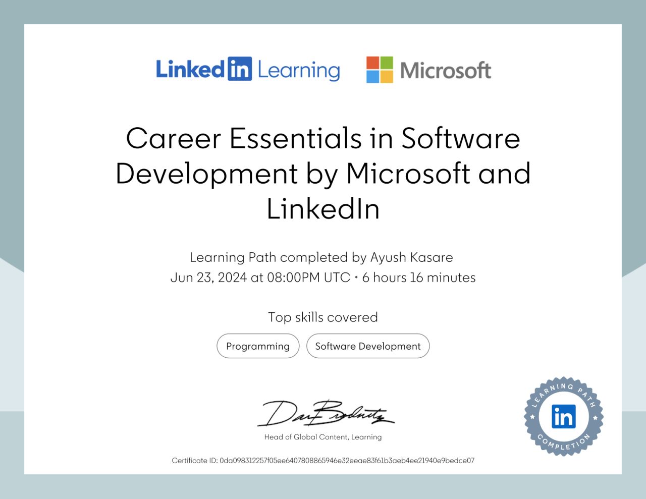 Career Essentials in Software Development by Microsoft and LinkedIn certificate